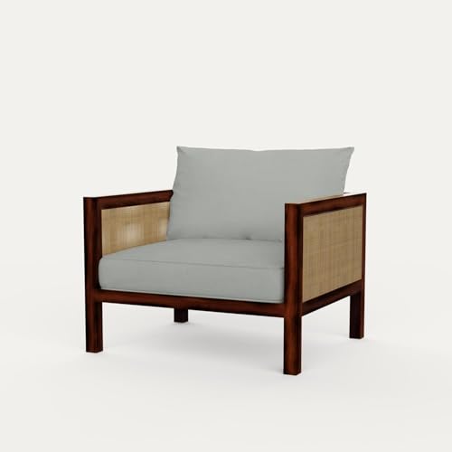 Image of OCTANGLE Sheesham Wood Rattan 1 Seater Sofa for Livingroom - Wooden Sofa Set for Home with White Cushion - Handcrafted Livingroom Sofa Furniture (Honey Finish)