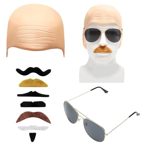 ZRUEWOT Set Parrucca Pelata Uomo con 7 Baffi Finti Adesivi + Calotta Pelata in Lattice + Occhiali – Costume Divertente Cosplay Halloween Mr Worldwide Pitbull per Adulti e Bambini