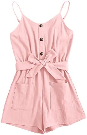 GAMISOTE Girls Romper Strappy Sleeveless Button Tie Front Jumpsuit With Pockets Pink