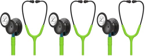 Image of 3M Littmann Classic III Monitoring Stethoscope, 5875, More Than 2X as Loud, Weighs Less, Stainless Steel Smoke-Finish Chestpiece, 27 inch Lime Green Tube, Blue Stem, and Smoke Headset (Pack of 3)