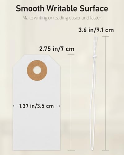 Uniclife 100 Pcs White Blank Shipping Tags with Elastic String Attached Cardstock Paper Hang Tag with Reinforced Eyelet Small Marking Price Tags Inventory Label Tag, 2 3/4" x 1 3/8" - Thumbnail 6