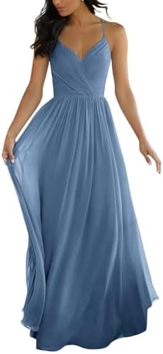 Long Dusty Blue Bridesmaid Dresses for Women Chiffon Formal Dress...
