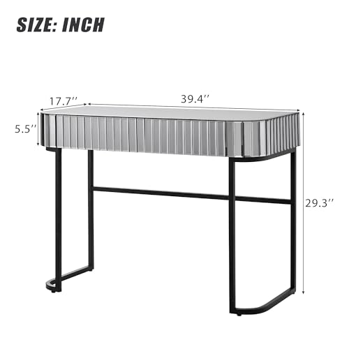 Image of Modern Vanity Table, 39 inch Mirrored Makeup Vanity Table with Stainless Steel Base, Mirrored Console Dressing Table with 2 Drawers, Versatile Desk for Bedroom and Office (Gray /109)