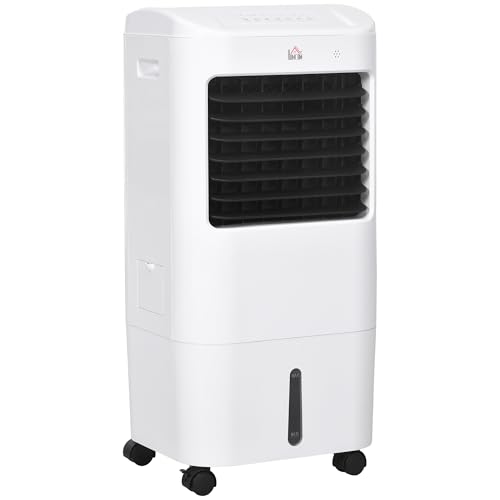 Homcom Enfriador De Aire Portátil 3 En 1 Tanque De Agua 15l Climatizador Evaporativo Oscilante Con 3 Velocidades Control Remoto Temporizador 7,5h Pantalla Led Efecto 15-20 37x32x78 Cm Blanco