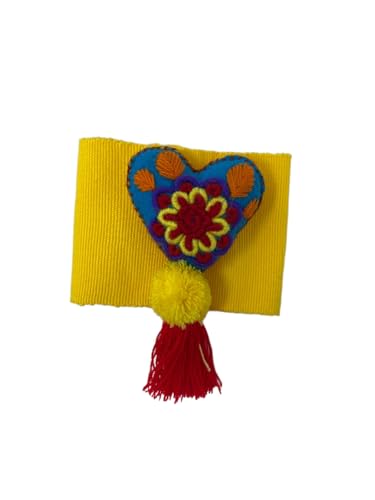Traditional Mexican Embroidered Heart Belt with Tassel, YELLOW belt WITH hand made heart with Floral Design and red pompom4