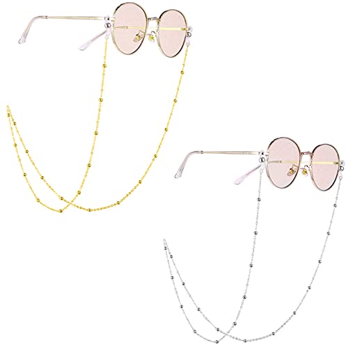 Janerowee 2 Stück Brillenketten,Brillenbänder in Ketten, Perlenkette für Lesebrillen und Sonnenbrillen,Brillen Schnur mit Silikon Antirutsch Ringe(Silber+Gold) Cover