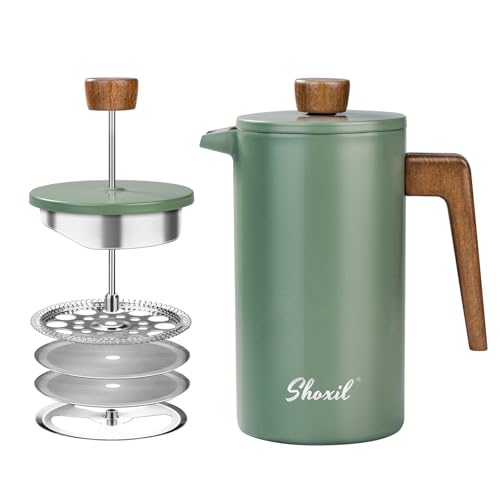 shoxil French Press Coffee Maker, 34oz Stainless Steel Green Coffee Press Real Wood Handle, Double Wall Insulated French Coffee Press with Dual-Filter Screen, Perfect for Camping & Kitchen Use