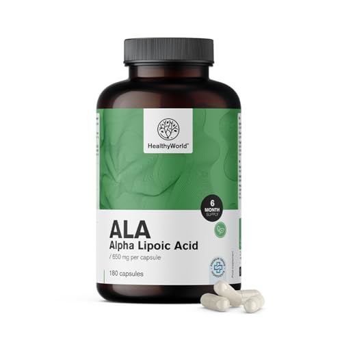 HealthyWorld ALA Alpha-Liponsäure 650 mg pro Tagesdosis 180 pflanzliche Kapseln Energieboost 6-Monats-Vorrat Hervorragende Verwertbarkeit