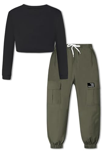 Image of SANGTREE Girls Fall Winter Clothing Sets, Girls Long Sleeve Crop Top and Cargo Jogger Pants Outfit Set,4T-14 Years