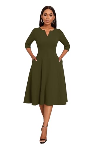 Image of Nmoder Midi Dresses for Women A-Line Fit and Flare Dress 3 /4 Sleeve V Neck Cocktail Wedding Guest Work Dress with Pockets