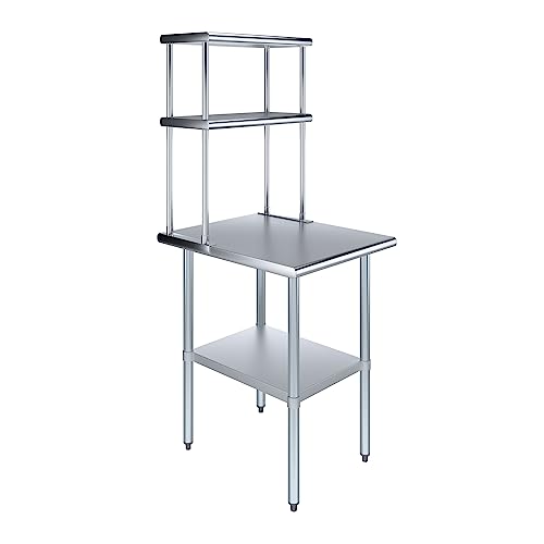 Image of AmGood Stainless Steel Work Table with 12 inch Wide Double Tier Overshelf | NSF (Stainless Steel Table with Double Overshelves, 24 inch Long x 30 inch Deep)