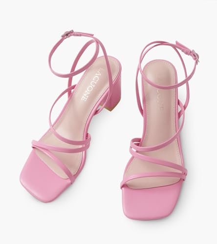 Image of LACUONE Strappy Heels for women Block Heels Square Toe Chunky Ankle Buckle Pump Heeled Sandals