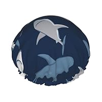 Blue Cartoon Shark Printed Large Shower Cap, Double Layer Hair Protector For Facial Care, Reusable Hair Wrap