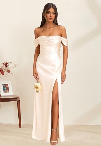 VCCICANY Satin Bridesmaid Dresses for Women Mermaid Off Shoulder Long Prom Dress Corset Formal Gowns with Slit3