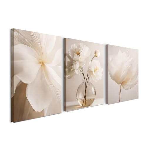 Alptiny Blumen Wandbild Wohnzimmer Beige Weiß 30x40 cm, 3er Set auf Leinwand mit Kiefernholzrahmen, minimalistischer Botanical Print mit Klettband, HD-Druck farbecht und feuchtigkeitsbeständig