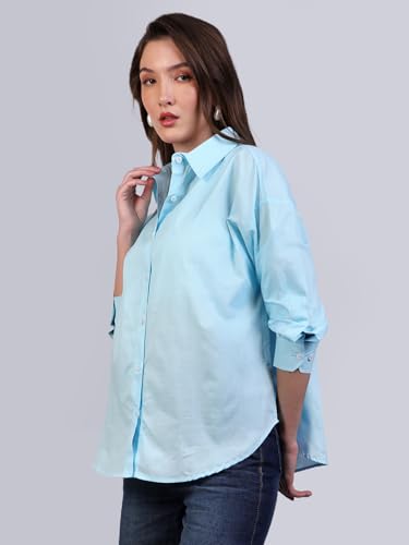 Image of Urbano Fashion Women's Cotton Full Sleeve Oversized Fit Casual Solid Slub Shirt with Spread Collar