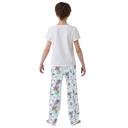 Dragonfly Floral Watercolor Boys Long Pants Soft Trousers Elastic Waist Kids Lounge Bottoms with Pockets S-XL3