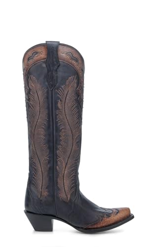 Corral Boots Womens Honey Feather Crackled Embroidered Tooled Inlay Studded Snip Toe Casual Boots Knee High Mid Heel 2-3" - Black, Brown, Brown2
