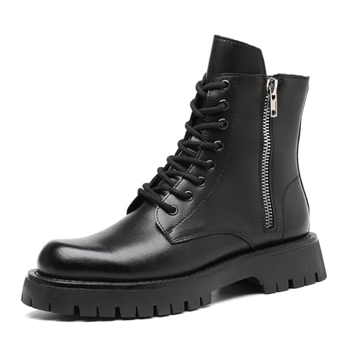 Men's Black Leather Platform Combat Boots with Side Zipper Classic Lace Up Non-slip Lug Sole Chunky Heel Motorcycle Booties Punk Biker Chukka Boots