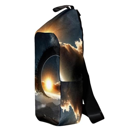 Mochila de hombro cruzada con diseño de eclipse solar y formato compacto 3