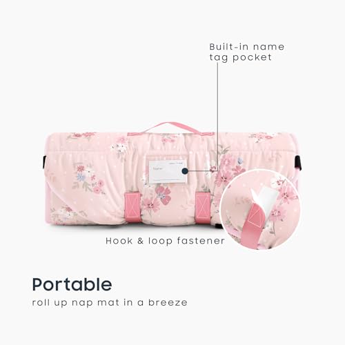 Image of Wake In Cloud - Cot Nap Mat with Pillow and Blanket, 100% Cotton Fabric, for Toddler Kids Girls Ages 3 Plus in Daycare Kindergarten Preschool with Elastic Corner Straps, Floral Flowers