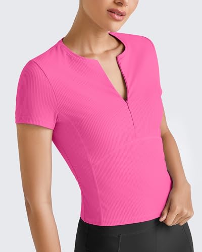 G4Free Workout Tops for Women Short Sleeve Yoga Ribbed Quarter Zip Pullover Shirts Running Breathable Athletic Gym Slim Fit (Hot Pink,L) — view 2