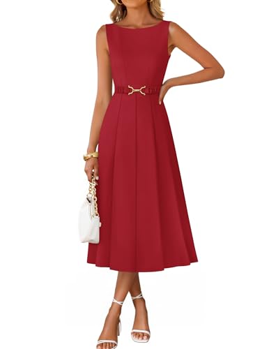 Image of ZESICA Women Summer Sleeveless Midi Dresses 2026 Elegant Boat Neck A Line Tie Waist Spring Cocktail Party Dress