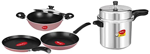 Image of Pigeon by Stovekraft Deluxe Aluminium Pressure Cooker, 10 Litres,Silver & Basics Non stick Aluminium Non Induction Base Cookware set