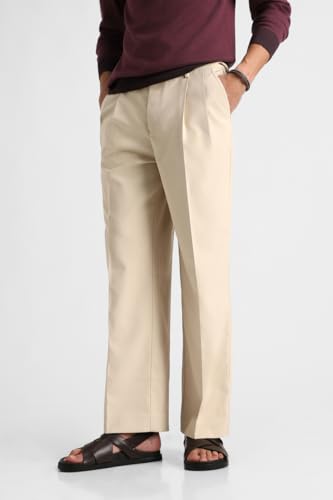Image of SNITCH Men Trousers Formal Wear | Relaxed Fit Pleated Front Plain Design Straight Leg | Polyester Blend Medium-Stretch Fabric for Office & Professional Look