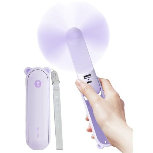 JISULIFE Handventilator Mini Ventilator 3 IN 1, mit 4500 mAh Powerbank USB Akku Klein, Batteriebetrieben Max 37Hrs Runtime Tragbarer Ventilator, Taschenlampen Funktion-Lila 1