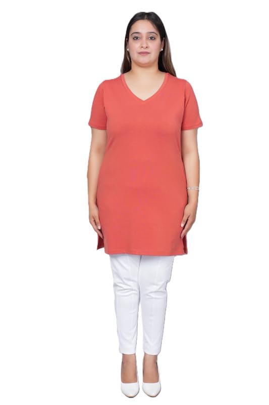 mlada V Neck Cotton Half Sleeves Long Tshirt with 2 Side Pockets for Women | Stretchable Regualr Fit Solid Cotton Tshirts | Casual Tshirts for Women Office Wear | Solid V-Neck Kurti Tshirt-picture-19