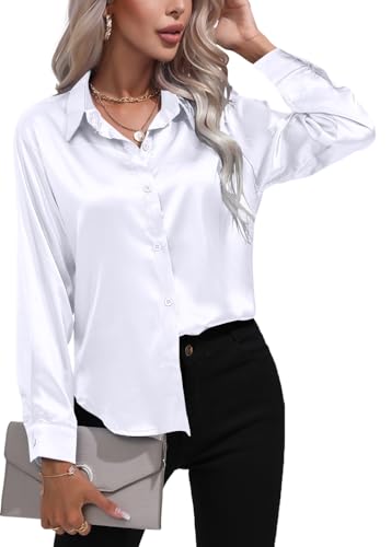 ORANDESIGNE Camisa de Raso Mujer Blusas Satin Elegantes Camisas Cuello en V Manga Larga Informal Shirt Raso con Botones Color Liso Top Fiesta Trabajo Casual Negocios A Blanco M