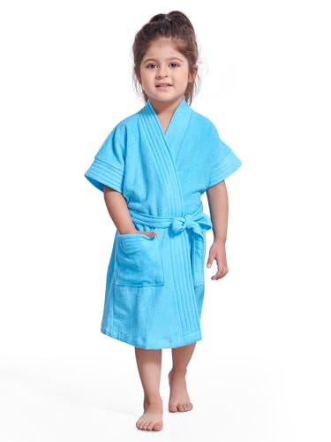 Image of SAND DUNE Kids Bathrobe | Terry Cotton Gown | Half Sleeves | Knee Length | Pocket with Waist Belt | Sky Blue Color Baby Girl Bathrobe - 1 to 4 Years Age