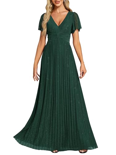 Ever-Pretty Kleid Elegant Damen Festlich Lang Ballkleid Maxi Hell Abendkleider Elegant für Hochzeit A Line Kurze Ärmel Dunkelgrün 48