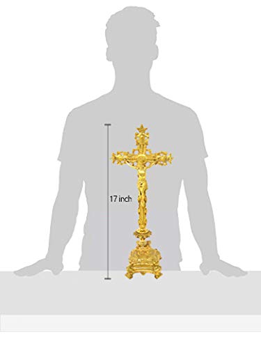 Religious Gifts Jesus Christ Cross Polished Solid Brass Standing Crucifix for Church, 17 Inch