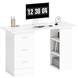 HOMCOM Computer Desk, Writing Table, PC Workstation with 3 Storage Shelves and Drawers, Silver Handle, for Home Office, White