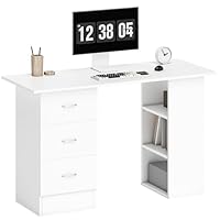 HOMCOM Computer Desk, Writing Table, PC Workstation with 3 Storage Shelves and Drawers, Silver Handle, for Home Office, White
