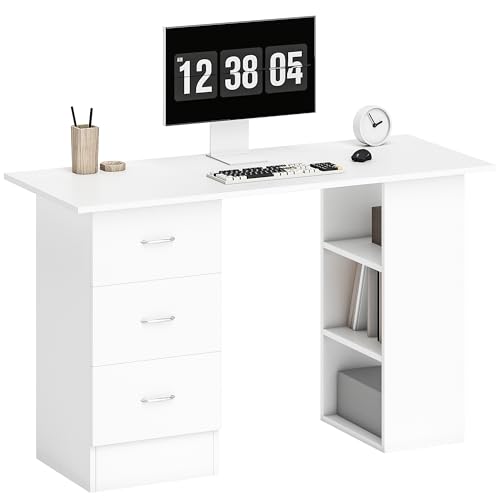 HOMCOM Computer Desk, Home Office Desk, Writing Table, PC Workstation with 3 Storage Shelves and 3 Drawers for Working, Study, 120 x 49 x 72 cm, White