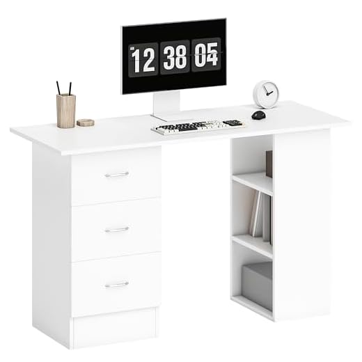 HOMCOM Computer Desk, Writing Table, PC Workstation with 3 Storage Shelves and Drawers, Silver Handle, for Home Office, White 25 HOMCOM Computer Desk, Writing Table, PC Workstation with 3 Storage Shelves and Drawers, Silver Handle, for Home Office, White