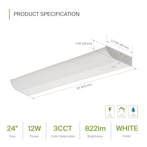 Image of ASD LED Under Cabinet Lighting, 24 inch 12W 822LM, Dimmable Hardwired Under Cabinet Lights for Kitchen, 3000K Soft /4000K Cool /5000K Daylight, Under Counter Light Fixtures, ETL, White 2 Pack