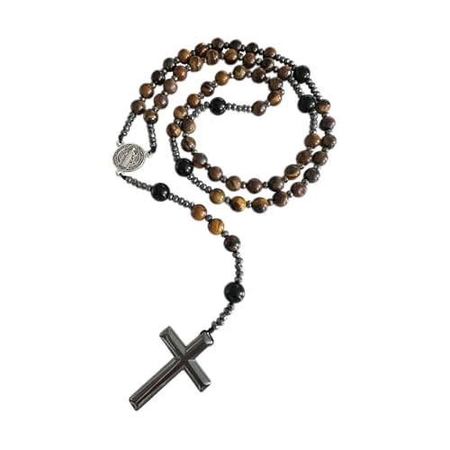Image of Bovemee Saint Benedict Medal Prayer Pocket Rosary Catholic Brown Wood Beads with Medalla de san benitol and Crucifix, 9 Inch