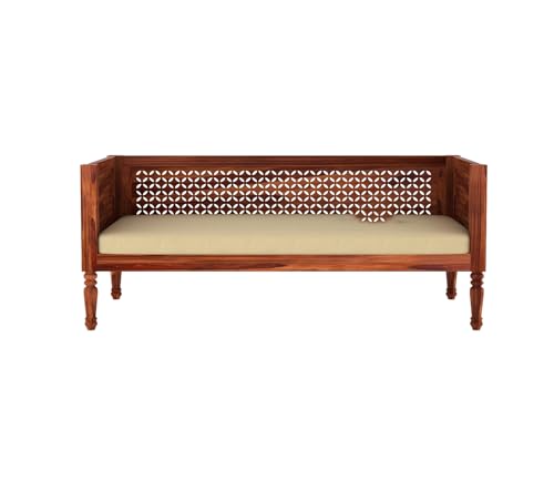 Image of ONIJA Solid Sheesham Wood Diwan Sofa Cum Bed Without Cushion | Traditional Wooden Daybed with Carved Backrest | 3 Seater Sofa for Living Room, Bedroom & Home (Honey Finish)