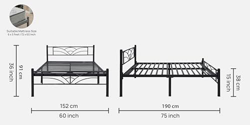 Image of Zyra Metal Queen Size Bed Without Storage | Wrought Iron Double Bed with Headboard & Footboard | Sturdy Powder Coated Platform Bed Queen Size Cot for BedroomLivingRoom Black (75x60)