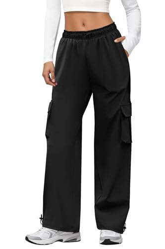 DLOODA Cargo Pants Women Quick Dry Parachute Hiking Pants with Pockets Elastic Waist Lightweight Water Resistant Joggers Black M