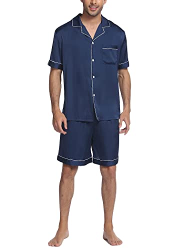 Image of Ekouaer Mens Satin Pajamas Set Button-Down Short Sleeve Shirt Top Soft Silk Sleepwear Shorts with Pockets