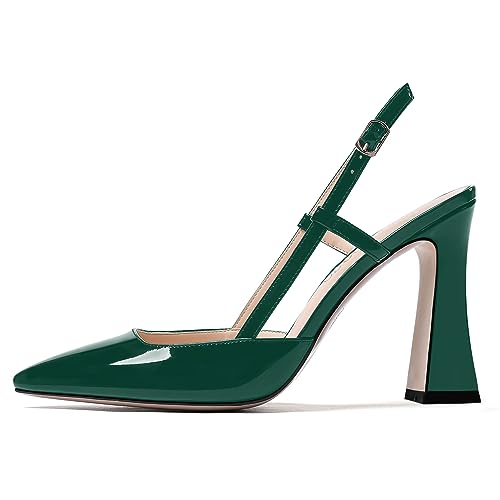 MODENCOCO Womens Comfortable Fashion Pointed Toe Night Club Patent Slingback Buckle Block High Heel Pumps Shoes 4 Inch2