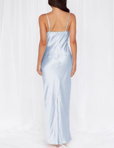 Image of Formal Satin Silk Spaghetti Strap Maxi Dresses for Women Wedding Guest | Elegant, Summer, Cowl Neck, Backless, Sleeveless, Slip, Slit, Ruched, Long Bridesmaid Dress, Cocktail, Beach Vacation, Party