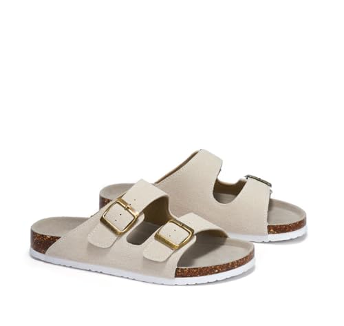 Leather Cork Footbed Slide Sandal, Adjustable Buckle Slippers Comfortable Summer Beach Sandals Unisex Footwear