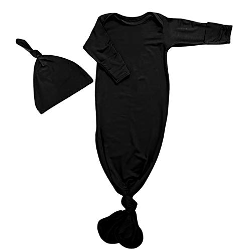 Image of Yaana Banana Newborn Unisex 100% Organic Bamboo Rayon Knotted Cuffed Sleeve Baby Gown- Gender Neutral Baby Sleeping Bag Clothes Sleepwear for Boy and Girl with Hat Black