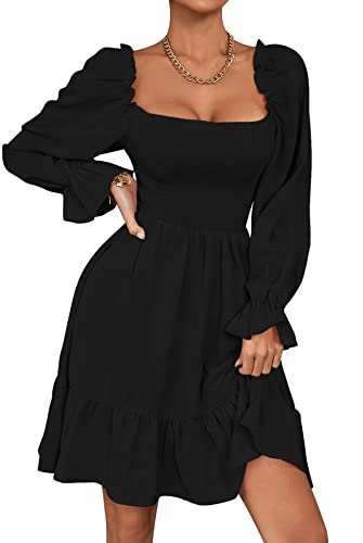 LYANER Women's Square Neck Lantern Long Sleeve Ruffle Shirred Flowy Party Mini Dress